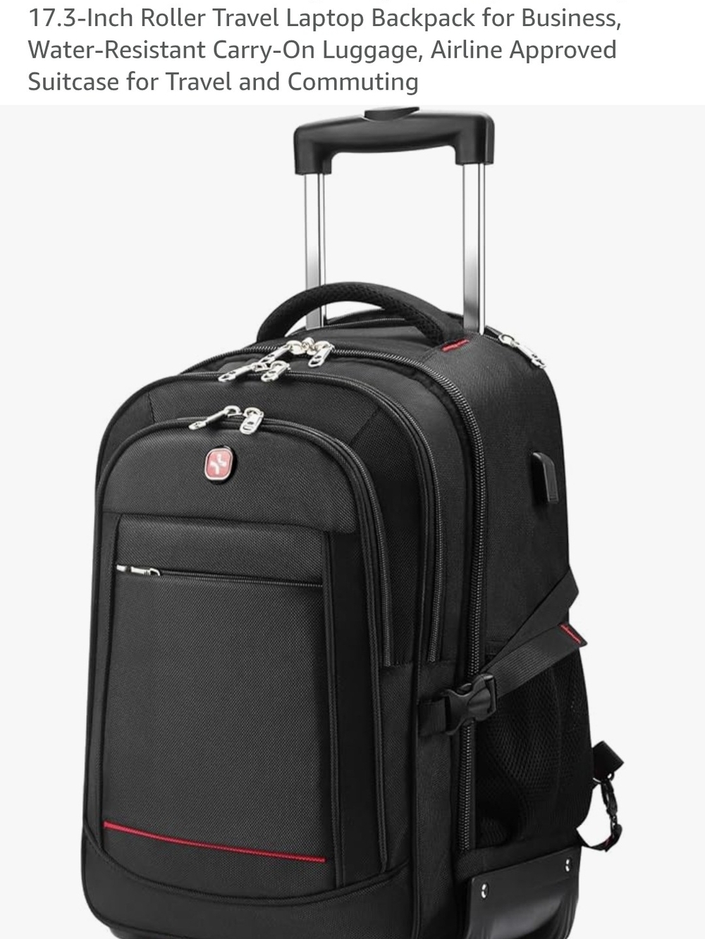 17.3" Rolling Laptop Backpack Carry-On in Black with Red Accent